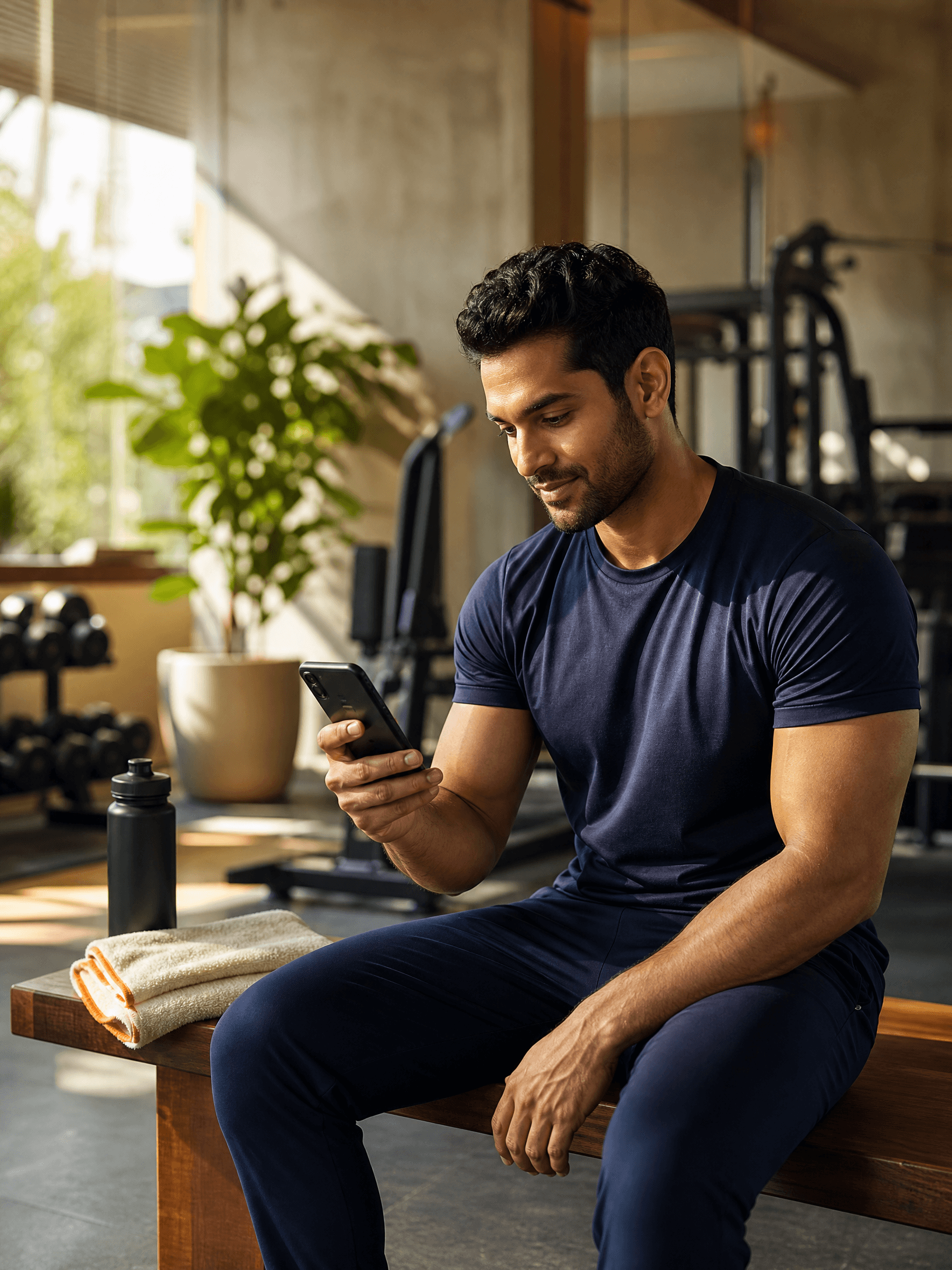 A gym member checking their progress on their phone after a workout